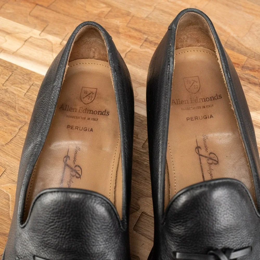 Allen Edmonds Perugia Tassel Loafers Mens Sz 8 Pebbled Black Leather Made Italy